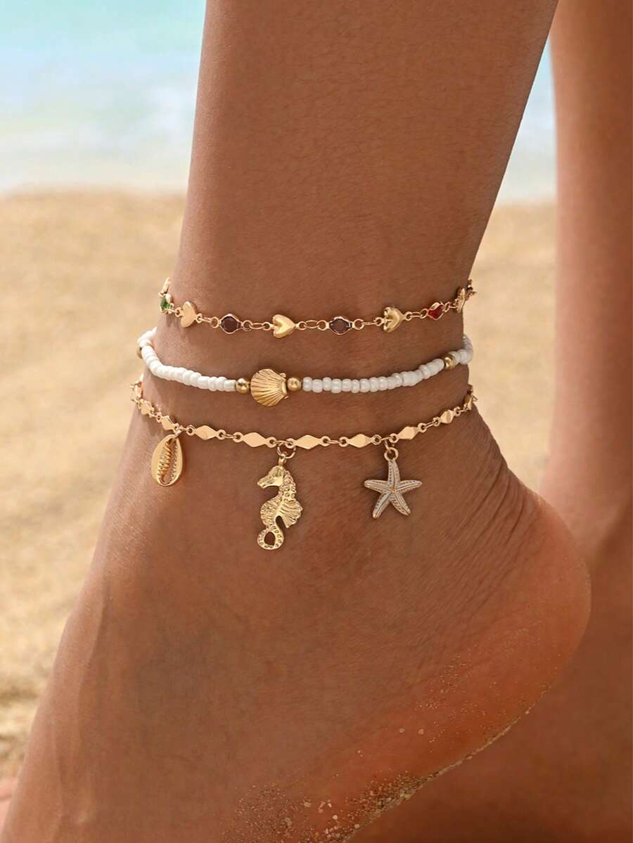 3pcs/Set Beach Vacation Style Seahorse, Starfish, Shell Pendant Anklet, Fashion Ocean Creature Pearl Beaded Heart Decor Gold Tone Jewelry For Women, Suitable For Daily Wear, Summer Holiday, Party, Music Festival, Random Pearl Bead Quantity - Multicolor - View 1