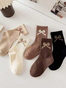 6 Pairs Girls' Bow Decor Casual Socks, Suitable For Indoor, Party, Matching, Shopping, Beach, Vacation And Other Occasions, Retro Color Tone - Multicolor - View 9