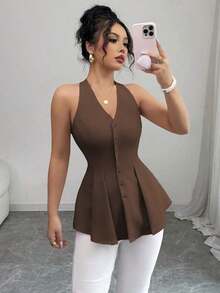 Camisa sin mangas con cuello en V, abotonada, con pliegues a la cintura y línea A, casual y elegante, adecuada para la oficina, vacaciones, primavera/verano - Marrón - Ver 5