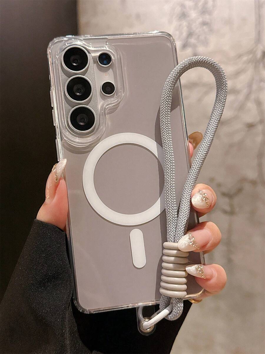奢华纯色果冻光泽磁吸无线充电手机壳 + 尼龙挂绳，兼容三星 Galaxy S26 Ultra S25 Ultra S26 Plus S24 Ultra S23 Ultra S22 Ultra S25 S24 Plus A57 A56 A55，简约亚克力硬壳软边框防震保护套