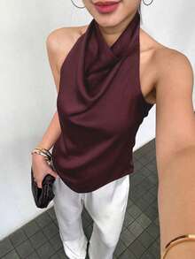 Camiseta sin mangas de satén de unicolor con cuello alto tipo halter Y2K para mujer, ropa de calle linda para el verano en color negro casual - Rojo violeta - Ver 2