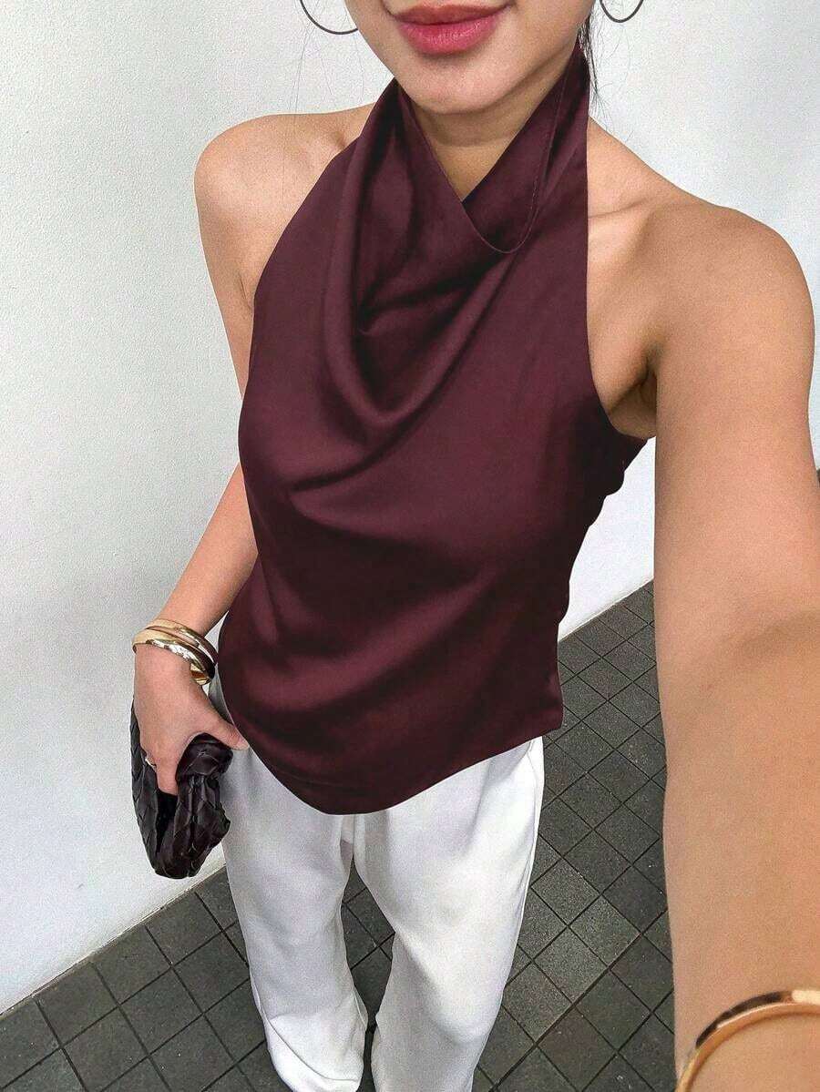 Camiseta sin mangas de satén con cuello alto y estilo Y2K, unicolor, linda ropa de calle para el verano en color rosa, informal - Rojo violeta - Ver 1