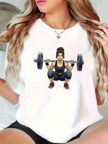 Camiseta con Estampado Gráfico de Entusiasta del Fitness para Mujer - Suave, Elástica, Transpirable, Cuello Redondo para Gimnasio, Deportes al Aire Libre y Uso Casual - Comodidad para Todas las Temporadas, Ropa de Gimnasio, Camiseta de Tela Suave - Blanco - Ver 7