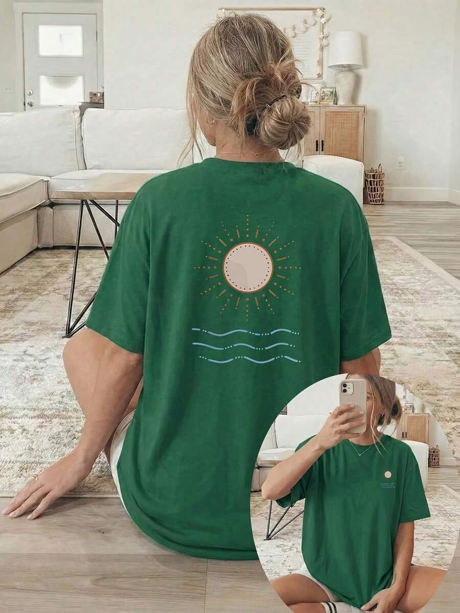 [Double-Sided Print] Women's Spring/Summer Loose Casual Clothing, Short-Sleeve Crew Neck T-Shirt, Sun And Wave Print - Vintage Urban Style, Unisex Cotton Loose Short-Sleeve Crew Neck T-Shirt - 綠色 - 查看 1