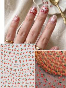 4pcs French Romantic Red Cherry Nail Stickers - Handpainted Fresh Fruit & Green Leaf Nail Art Decals - Suitable For Spring/Summer, Graduation, Outdoor, Vacation - Multicolor - View 6