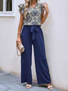 2 piezas Conjunto casual de vacaciones con blusa de mangas de casquillo con cuello en V con estampado floral y pantalones de pierna ancha para mujer - Azul marino - Ver 7
