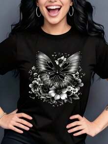 Camiseta de verano para mujer, holgada, con estampado floral de mariposas en blanco y negro, versátil, de manga corta, cómoda y transpirable, con diseño clásico de cuello redondo, adecuada para el uso diario, citas o vestimenta informal. - Blanco - Ver 2