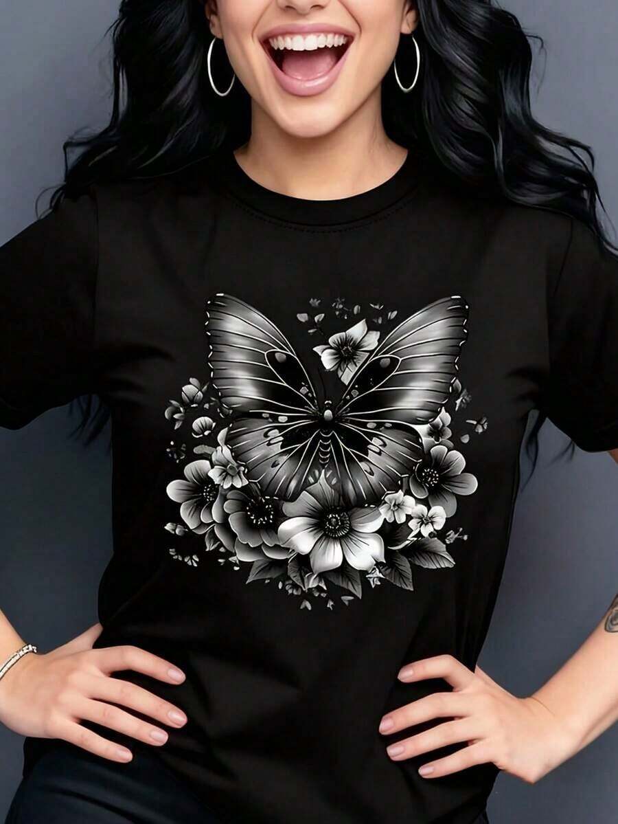 Camiseta de verano para mujer, holgada, con estampado floral de mariposas en blanco y negro, versátil, de manga corta, cómoda y transpirable, con diseño clásico de cuello redondo, adecuada para el uso diario, citas o vestimenta informal.