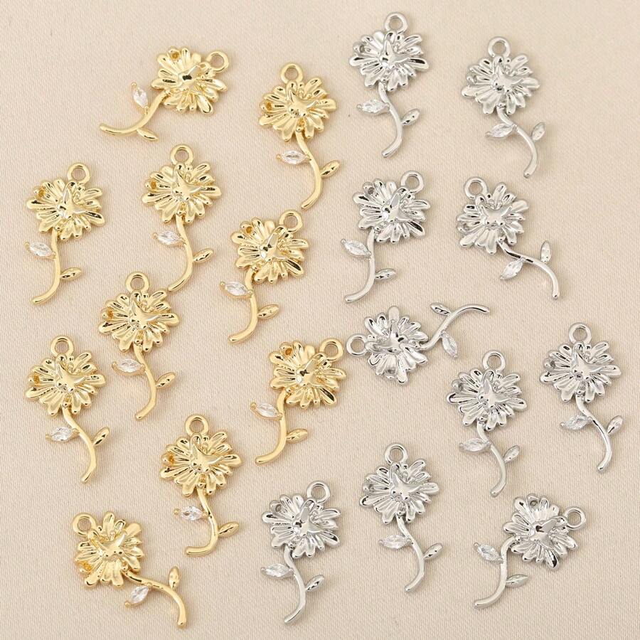 10个镀金/镀银吊坠，铜材质，向日葵/花生/天使/蜜蜂造型，镶嵌立方氧化锆，适用于DIY珠宝制作，如手链、项链、耳环等。