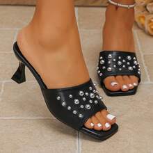 Women's High Heel Sandals With Faux Pearl Studs, Kitten Heel, Square Toe, Open Toe, Party Style High Heel Slippers - Black - View 5