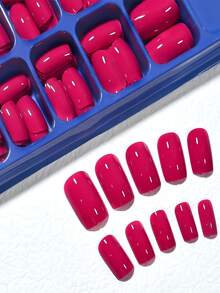 120Pcs Glossy Bright Red Press On Nails, Medium Square Short Fake Nail Tips, Full Cover Solid Color Acrylic False Nails,Daily Wear Party, Summer Hot Red Nail Art, 10 Sizes Fit All Nails - Multicolor - View 3