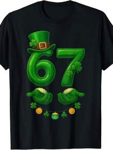 Camiseta de San Patricio de 67", Diseño de Meme "Feliz Día de San Patricio", Color Sólido, Transpirable, Estilo Casual, Cuello Redondo, Mangas Cortas, Ideal para Niños y Niñas - Negro - Ver 1