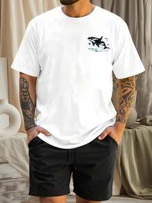 Men's Regular Fit T-Shirt With An Underwater World Whale Print, Perfect For Summer With A Loose And Casual Style. This Short-Sleeved, Crew-Neck T-Shirt Is Suitable For Various Activities Such As Sports, Beach Outings, Shopping, And Everyday Wear. - 白色 - 查看 6