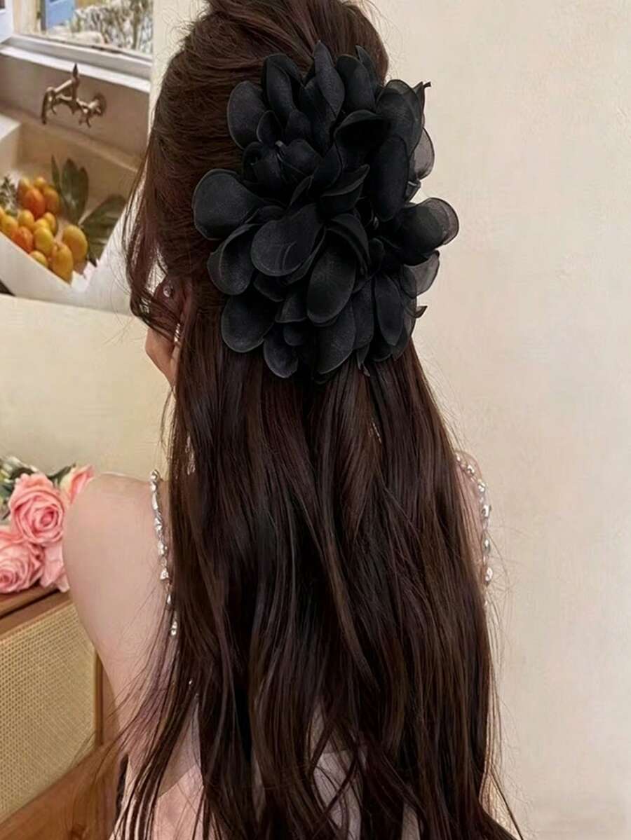 1个仿珍珠装饰超仙女黑色网状花朵大发夹,甜美浪漫优雅百搭发饰,适合旅行、度假、派对等场合,夏季发爪沙滩发夹度假发饰 - 黑色 - 查看 1