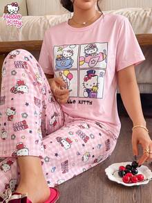 SANRIO 2件套可爱小猫图案睡衣套装，柔软舒适面料，成人女士家居睡衣 - 粉色 - 查看 4