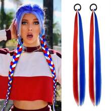 Extensiones de cabello morado de 24 pulgadas con banda elástica, cabello sintético trenzado liso para peinados de trenzas y coletas DIY - Multicolor - Ver 33