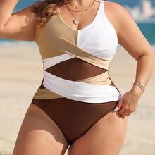 Swim Lushoire Elegant Plus Size Colorblock High Waist Swimsuit Sleeveless Plunge Neck Design - Multicolor - Ver 4