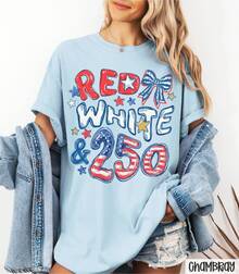 [100% Cotton] 250th Anniversary Shirt, Red White And 250 Tee, 4th Of July Shirt, Preppy Patriotic Tee, USA America Shirt, Flag Tshirt, American Girl,  Casual Women's T-Shirt - Màu xanh hải quân - Xem 7