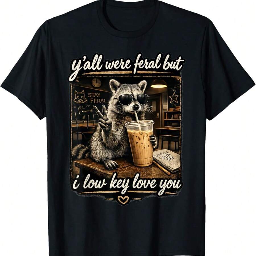 Y'all Were FERALs But I Low Key Love You Raccoon Iced Coffee T-Shirt - Black - View 1