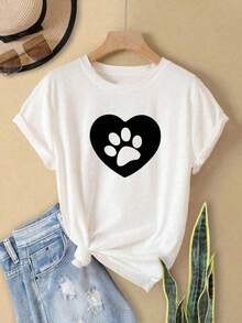 Camisetas Mujer Estampado Huella Corazón Primavera Verano Casual Suelta Cuello Redondo Manga Corta XA5E - Blanco - Ver 3