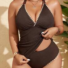 Swim Lushore Plus Size Women's Black V-Neck Adjustable Strap V-Neck Tankini Swimsuit, Fashionable Beach Resort Swimming Attire For Summer - Marrón Mocha - Ver 2