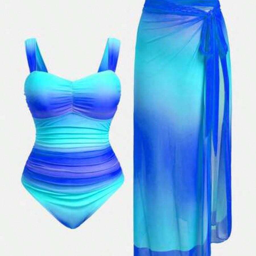 Swim Oasis Plus Size Women 2pcs Set Ombre Ruffled One-Piece Swimsuit For Summer Beach Vacation - Azul - Ver 1