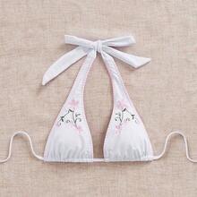 Swim Mod Halter Neck Backless Deep V Vintage Floral Print Bikini Top, For Summer Beach Vacation - Blanco - Ver 4