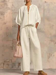 Nuevo traje de mujer casual y suelto cremallera sólida cuello redondo traje de pantalones de piernas anchas - Beis - Ver 1
