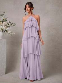 Vestido largo elegante y romántico de gasa con cuello de halter y volantes para invitados a una boda - Púrpura malva - Ver 6