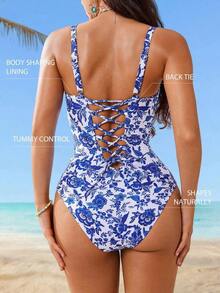 Traje de baño de una pieza con control de abdomen, con cordón, espalda descubierta, a rayas azul y blanco, con efecto push-up, para playa, resort y fiesta - Azul - Ver 2