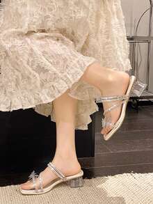 weiweiting Giày sandal cao gót quai ngang đính đá lấp lánh kiểu dáng mới mùa hè 2026, giày cao gót đế dày thời trang kiểu cổ tích cho tiệc cưới. - Màu be - Xem 4