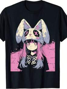 Japansk anime gotisk t-shirt - Svart skräckseriedesign med kaninöron, mjuk och andningsbar rund halsringning, lämplig för cosplay, kongresser och vardagsbruk - Maskintvättbar, unis-ex streetwear, edgy stil, bekväm pa-ssform, alternativt och t-rendigt mode. - Svart - Visa 7