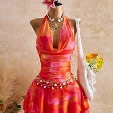 New Spring/Summer Women's Fashion Sexy Printed Dress - Plunging Neckline Design - Waist Cinching Ruched Design - Ruffle Hem Design - Vacation - Beach - Multicolor - Ver 4