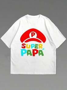 Camiseta para hombre con estampado gráfico divertido de Super Papa, regalo ideal para el día del padre o cumpleaños, estilo casual, manga corta, tela de algodón suave, ajuste cómodo. - Blanco - Ver 2