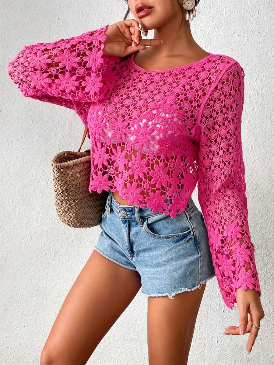 1pc Solid Color Knit Sheer See-Through Casual Top, Suitable For Beach, Resort, Spring/Summer/Autumn Vacation - Hot Pink - View 1