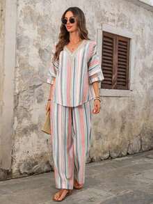 Conjunto casual de 2 piezas de camisa de manga 3/4 con cuello en V a rayas y pantalones para vacaciones de mujer - Multicolor - Ver 9
