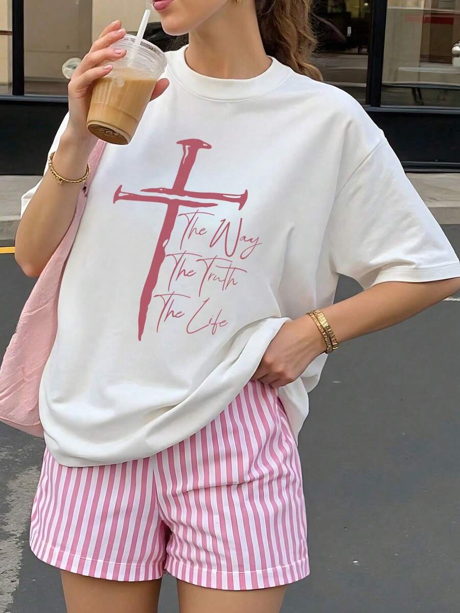 Camiseta de mujer estampada de manga corta para verano, tela de poliéster, estilo multifuncional, corte regular, peso 180 gramos, 1 unidad. - Blanco - Ver 1
