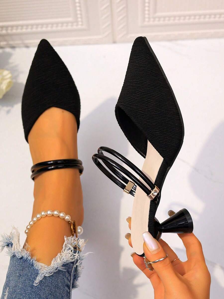 Fashionable Versatile Black Pointed Toe High Heel Sandals, Non-Slip Soft Sole Tapered Heel, Adjustable Straps, Suitable For Casual And Formal Occasions - Black - View 1