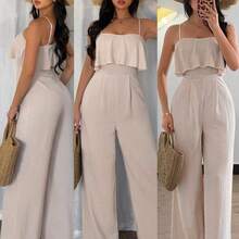 Raffinéa Women's Fashion Versatile Ruffle Spaghetti Strap Jumpsuit With Crinkle Textured Fabric, Fitted Waist & Straight Leg - Caqui - Ver 2