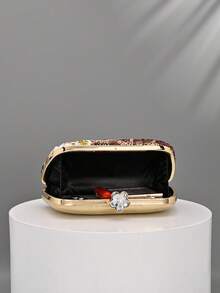 Floral Sequin Evening Clutch, Gold Frame Hard Shell Wallet, Suitable For Weddings And Parties (Random Cutting) - Gold - View 4