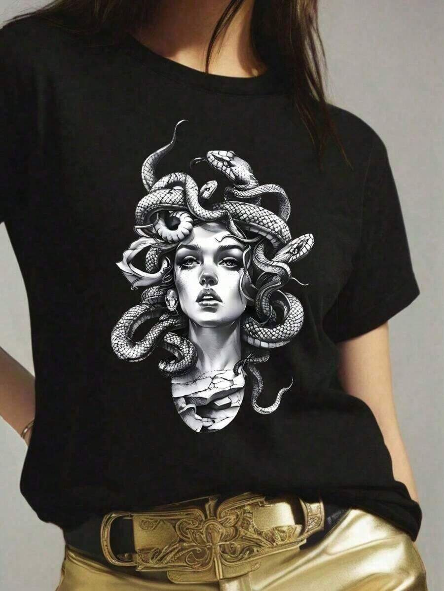 Camiseta casual de mujer de manga corta con cuello redondo y estampado de personajes, tops gráficos para mujeres HAGP 7OHF - Negro - Ver 1