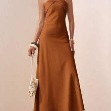 Spring 2025 New Arrivals Easter Birthday Parties Dates Everyday Outings Basic Versatile Casual Vacation Cruise Travel Beach Trending Hits Street Style Bohemian Chic Commuter Wear Brunch Outfits Airport Style Parties Holidays Elegant Banquets Dances Daily Commute Leisure Refined Elegance Street Fashion Minimalist Commuter Halter Neck Backless Pleated Detail Asymmetrical Design Hidden Pockets Elastic Waistband Asymmetrical Pleated Halter Neck Elastic Waistband Back Neckline A-Line Maxi Dress - Caqui - Ver 10