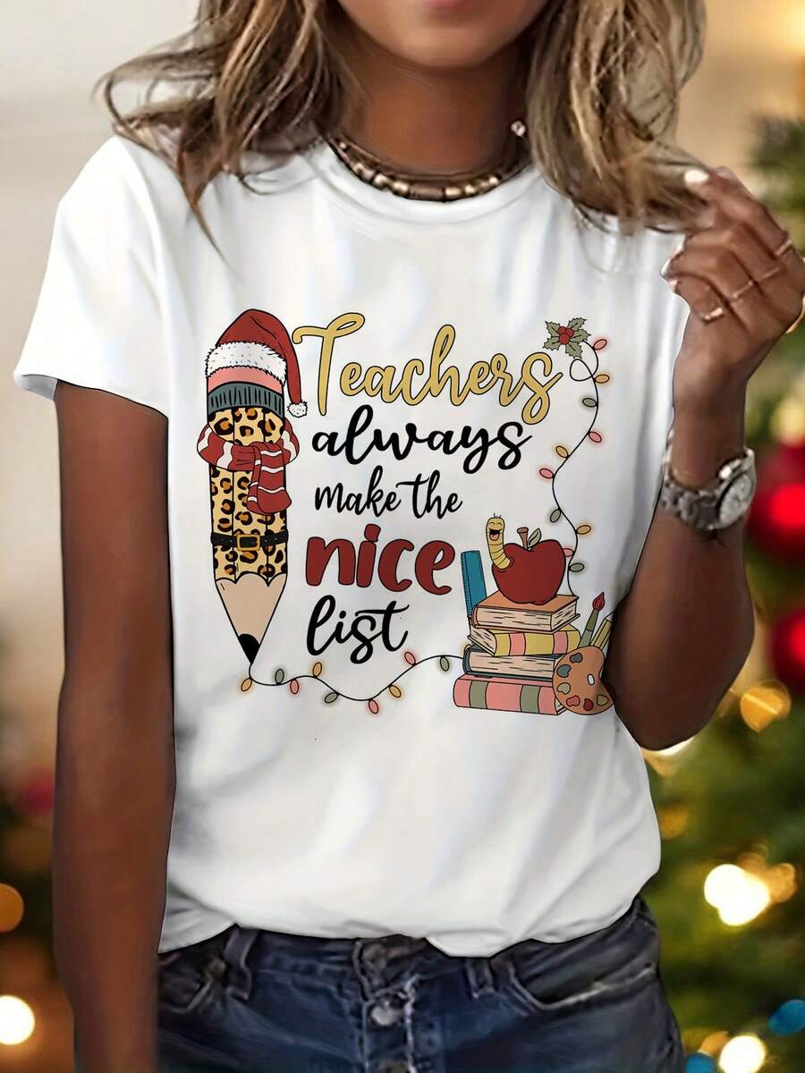 Camiseta Casual de Poliéster para Mujer con Estampado Gráfico "Los Maestros Siempre Están en la Lista de Buenas", Manga Corta, Cuello Redondo, para Verano y Primavera, Tejido de Punto con 5% de Elastano, Largo Regular - Camiseta de Agradecimiento para Maestros - Blanco - Ver 1