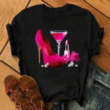 camisetas de mujer Prenda individual, no un conjunto de 3 piezas, 1 piezas/set de camisetas de manga suitable for streetwear, Top oversized cuello redondo daily outings, camping, concerts, hip-hop, rock, and rap events manga corta con cuello redondo, estampado gráfico de letras, mar, tortuga, delfín y medusa en colores variados, versátil y práctico, adecuado para blusas de mujer, vacaciones y uso en primavera y verano - Negro - Ver 2