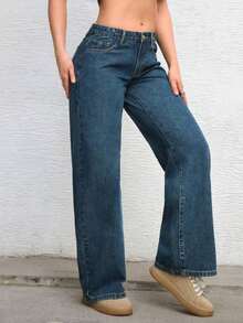 ICON Pantalones vaqueros de pierna ancha de unicolor, de bolsillo, informales y versátiles - Azul lavado medio 3 - Ver 5
