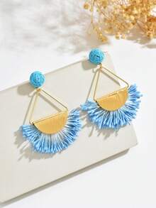 1 Đôi bông tai mặt dây chuyền hình học đan thủ công từ sợi raffia, bông tai hình quạt bằng sợi raffia thủ công độc đáo, thời trang, phù hợp cho phụ nữ đeo hàng ngày, đi nghỉ mát và dự tiệc. - Màu xanh lam - Xem 4
