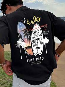 1 camiseta de hombre con estampado gráfico, ropa de playa para verano, camiseta de manga corta de corte holgado, 100% algodón - Negro - Ver 5