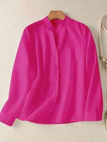 Camisa de mujer de unicolor con cuello en V y botones - Blusa casual y elegante de manga larga con detalle de bolsillo, adecuada para vacaciones, viajes y uso diario, artículo esencial para primavera, verano, otoño e invierno - Rosa Roja - Ver 7