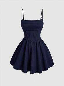 Elegante vestido de tirantes con fruncido en la cintura de color liso - Azul marino - Ver 1