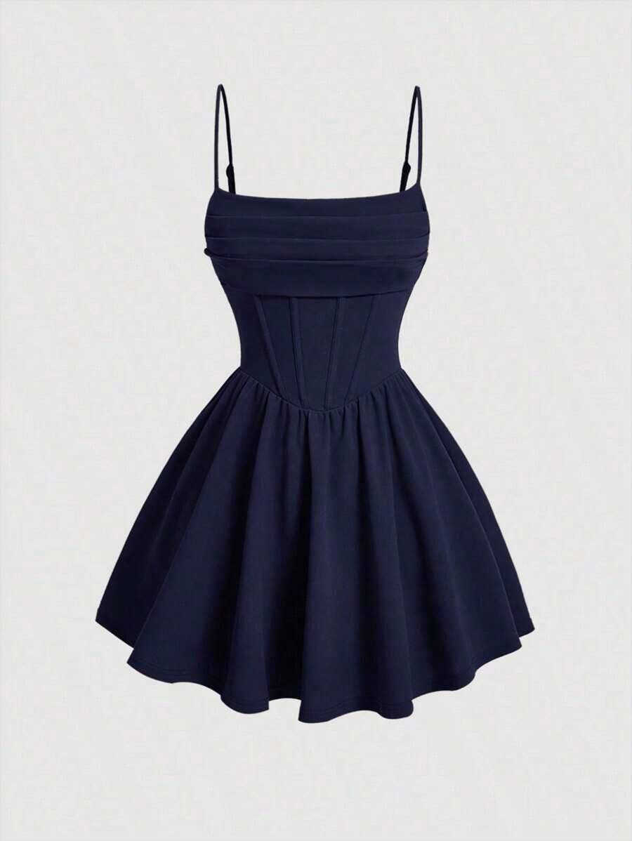 Elegante vestido de tirantes con fruncido en la cintura de color liso - Azul marino - Ver 1